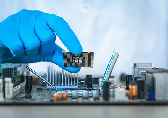 Close up of scientist hand holding computer microchip., Technology computer concept.